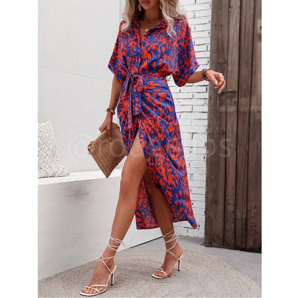 Spotted All Over Print Button Through Tie Belt Ruched Maxi Shirt Dress - Picture 1 of 11